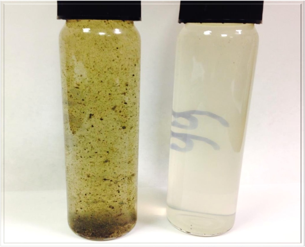 Oil & Gas Produced Water before and after MBC treatment — murky solids-laden water on the left, crystal-clear brine on the right